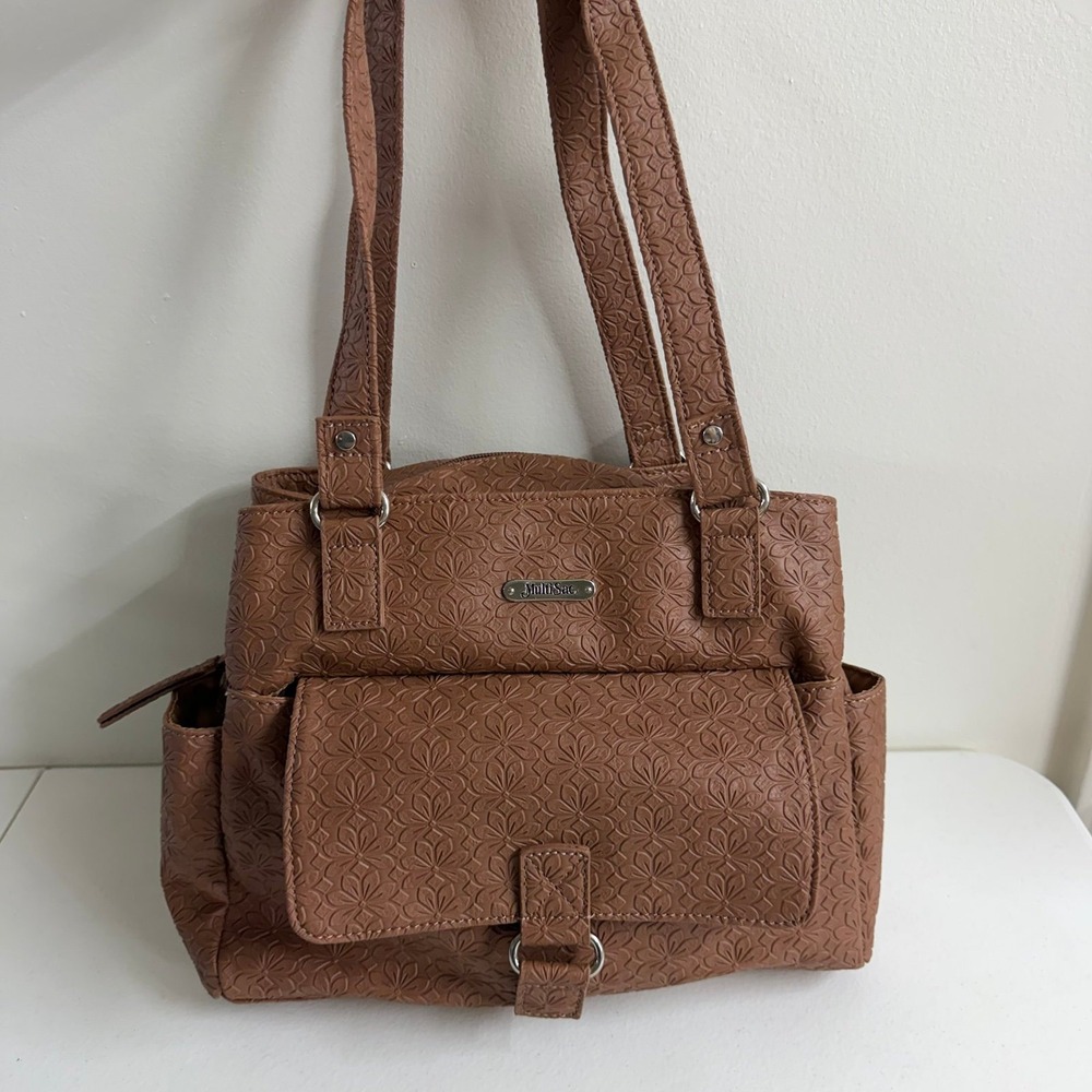 MultiSac brown tan floral Embossed Shoulder Bag buckle slouchy pockets purse